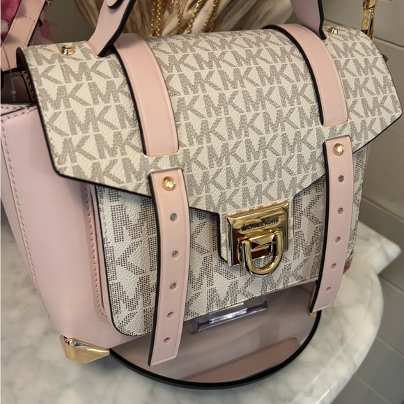 NWT Pink Michael Kors structured chic goldtone $500 retail Satchel - Picture 4 of 7